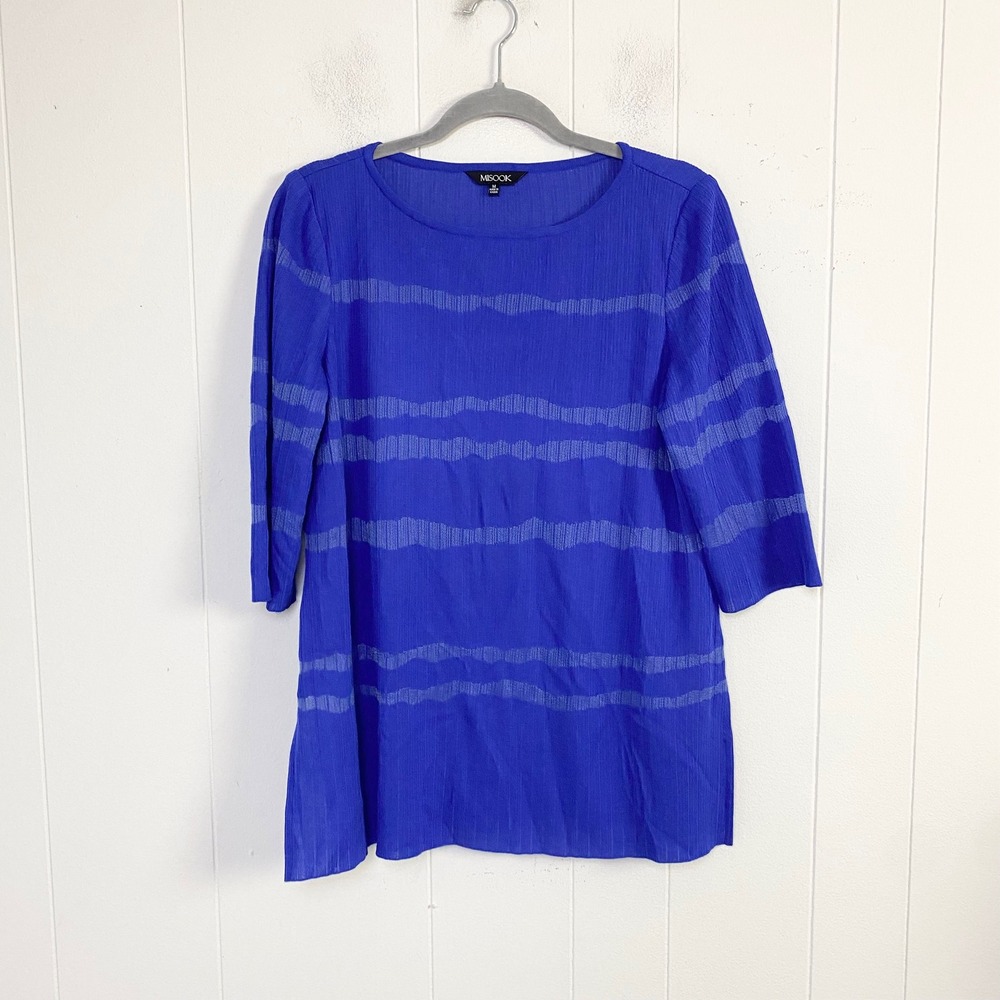 Misook Royal Blue Knit Tunic Top 3/4 Sleeve Wavy Stripe Side Vent Medium
